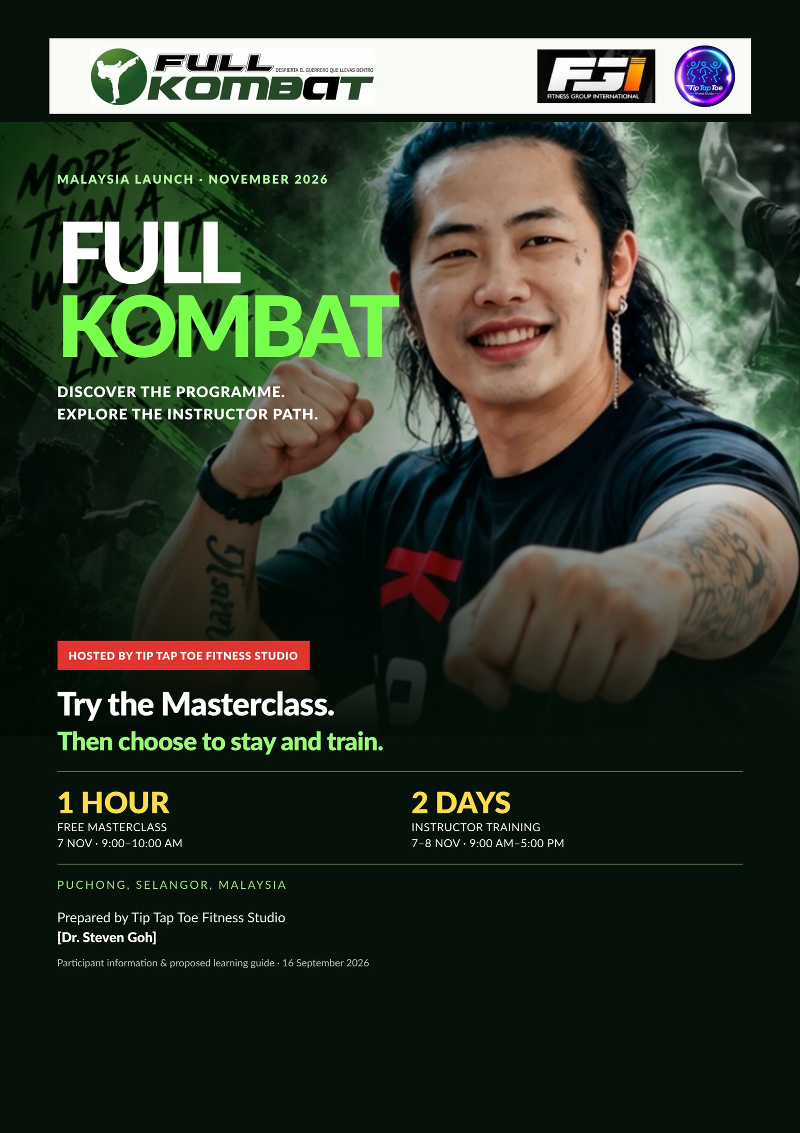 Full Kombat Malaysia launch poster — Tip Tap Toe Puchong, November 2026