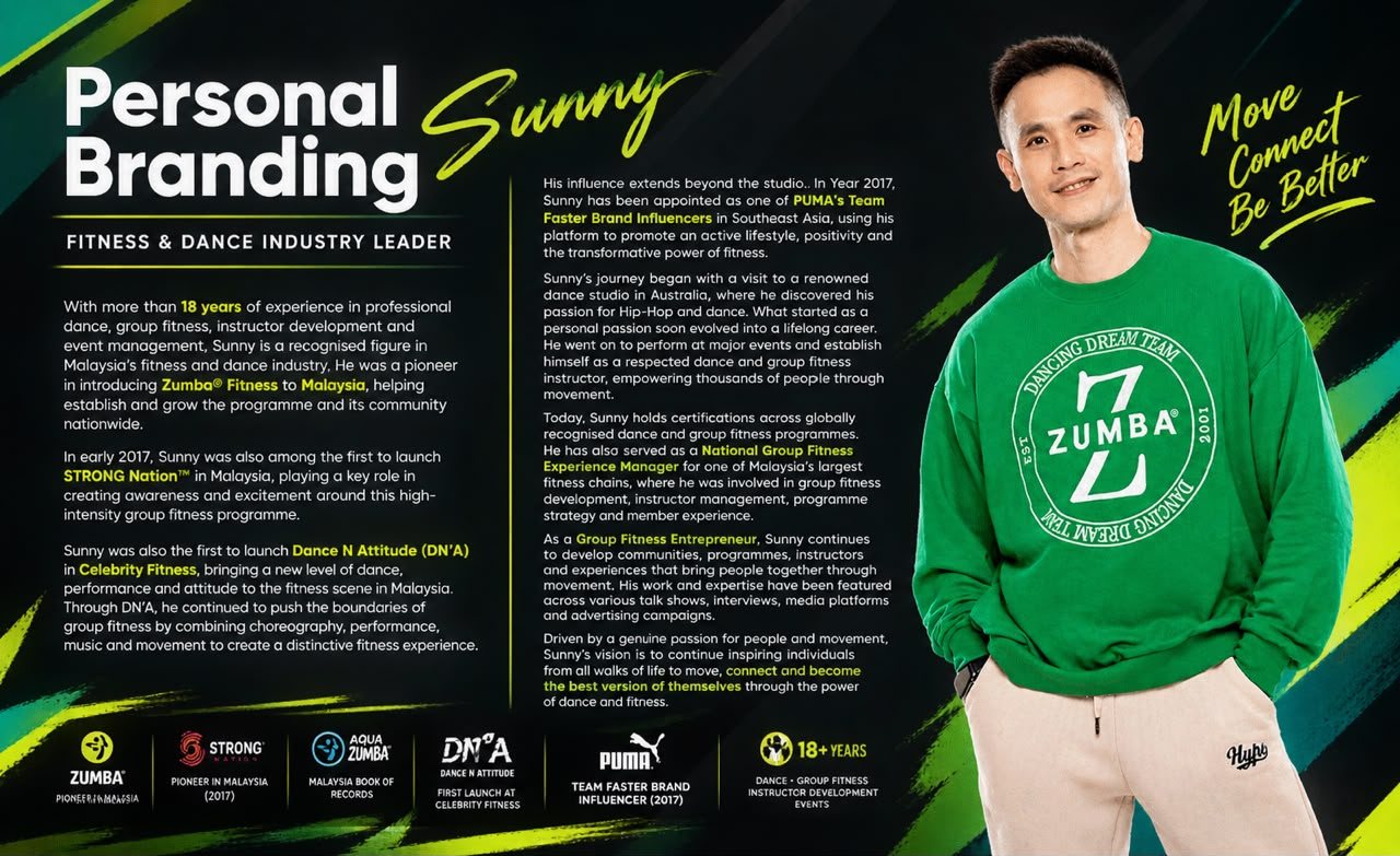 Sunny Cheong personal branding sheet — Move. Connect. Be Better.