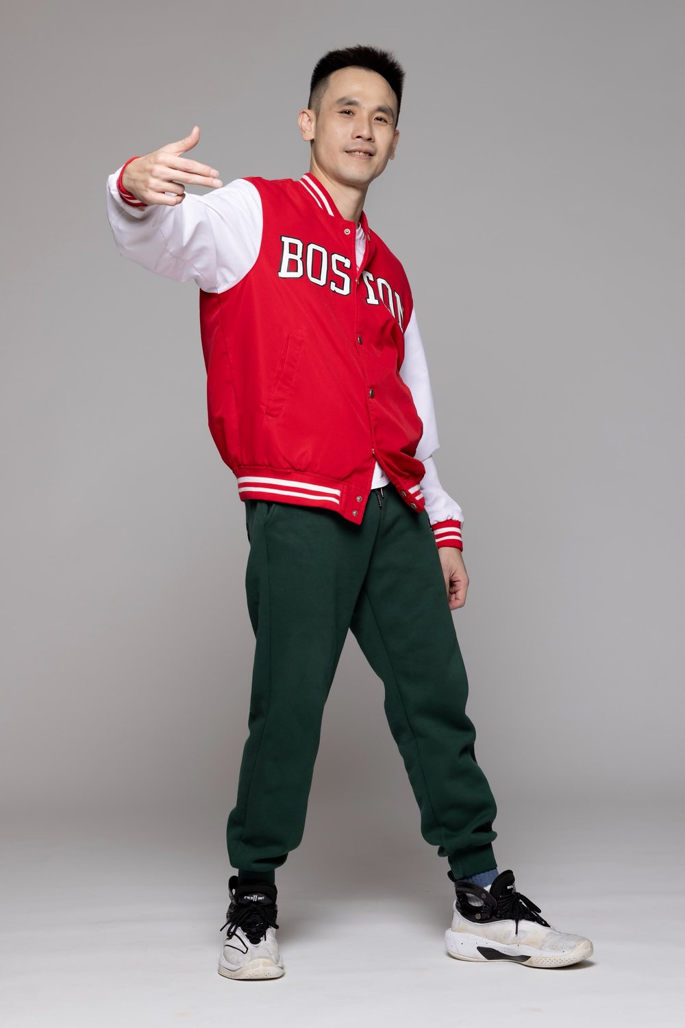 Sunny Cheong in a red Boston jacket